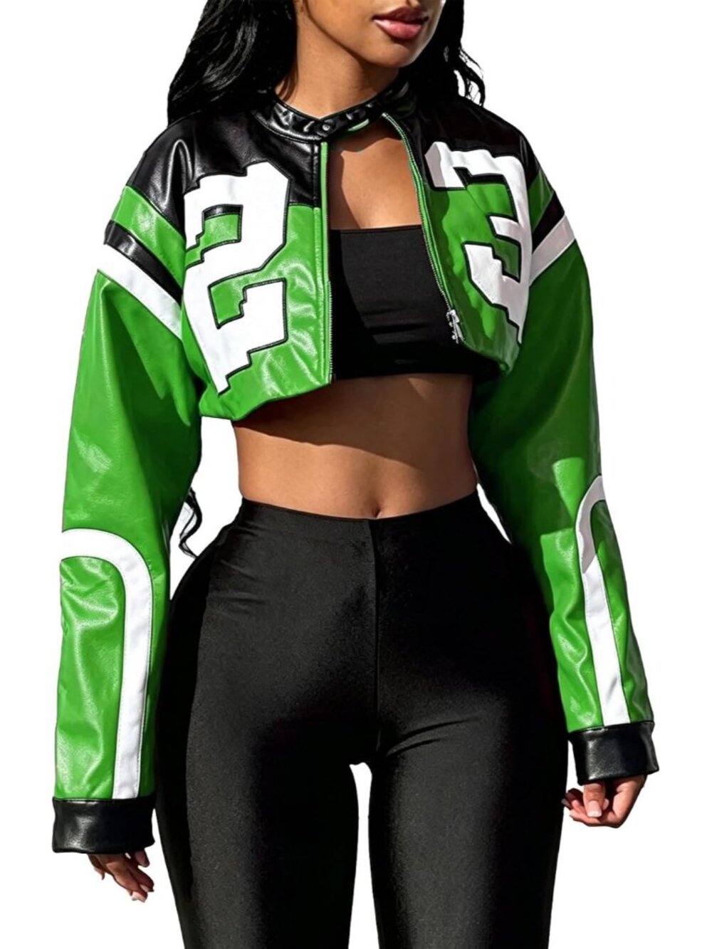 Women's T Green Faux Leather Long Sleeve Cropped Streetwear Bomber Jackets